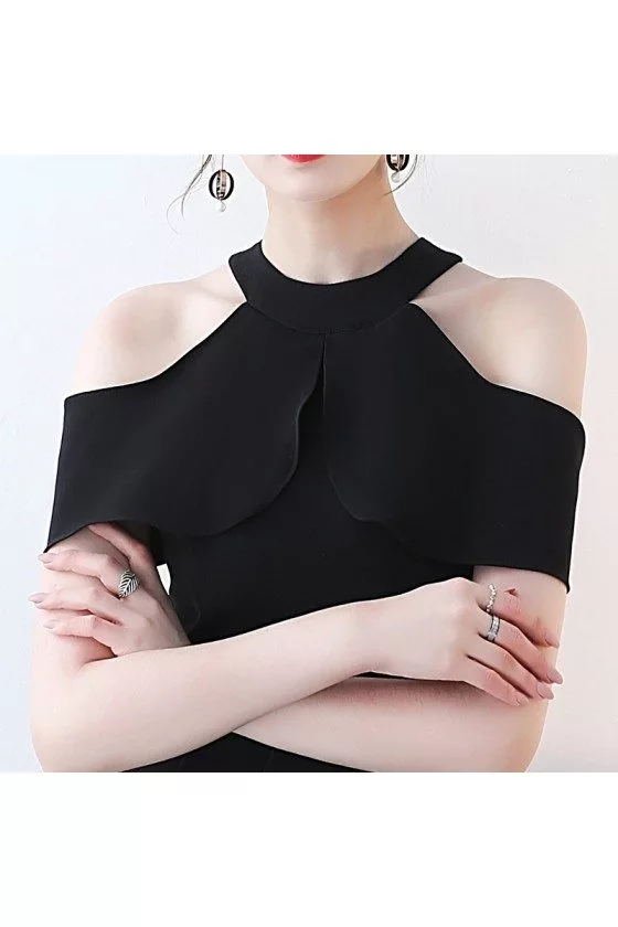 Black Aline Short Halter Homecoming Dress with Cold Shoulder - $62.9784  #HTX86009 - SheProm.com