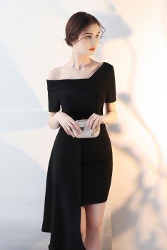 Black Asymmetrical Formal Short Homecoming Dress with Sleeves - HTX86008