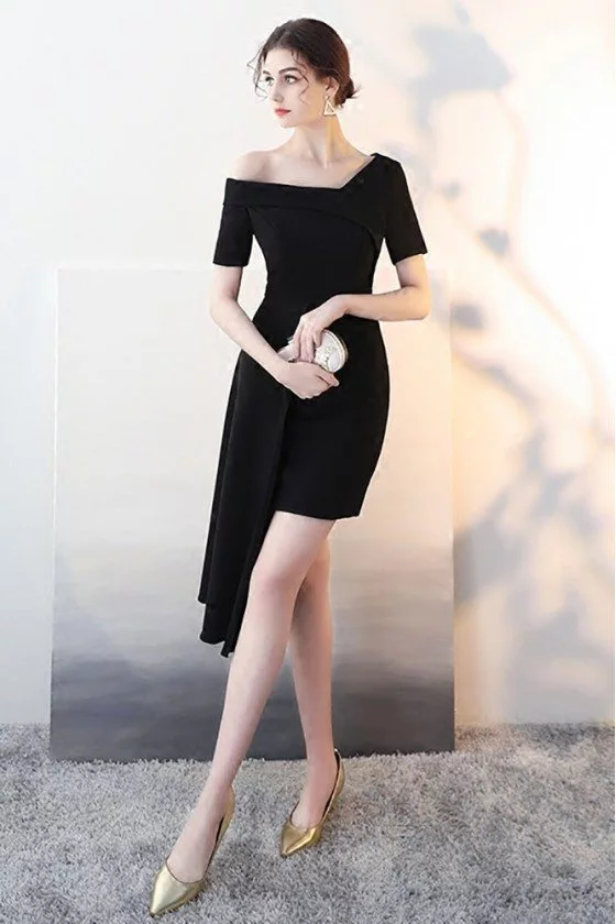 Black Asymmetrical Formal Short Homecoming Dress with Sleeves - $73.98 #HTX86008 - SheProm.com Black Asymmetrical Formal Short Homecoming Dress with Sleeves - $73.98 #HTX86008 - SheProm.com