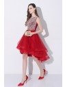 Sparkly Sequins Red Short Prom Homecoming Dress High Low with Open Back - AMA86032