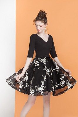 Vintage Black Appliques Short Homecoming Dress with Half Sleeves - AMA86039