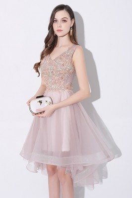 Gorgeous Tulle V-neck Homecoming Prom Dress High Low Sleeveless - AMA86005