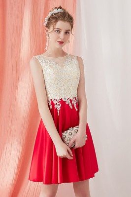 Pretty Aline Short Homecoming Dress Champagne and Red with Lace - AMA86017