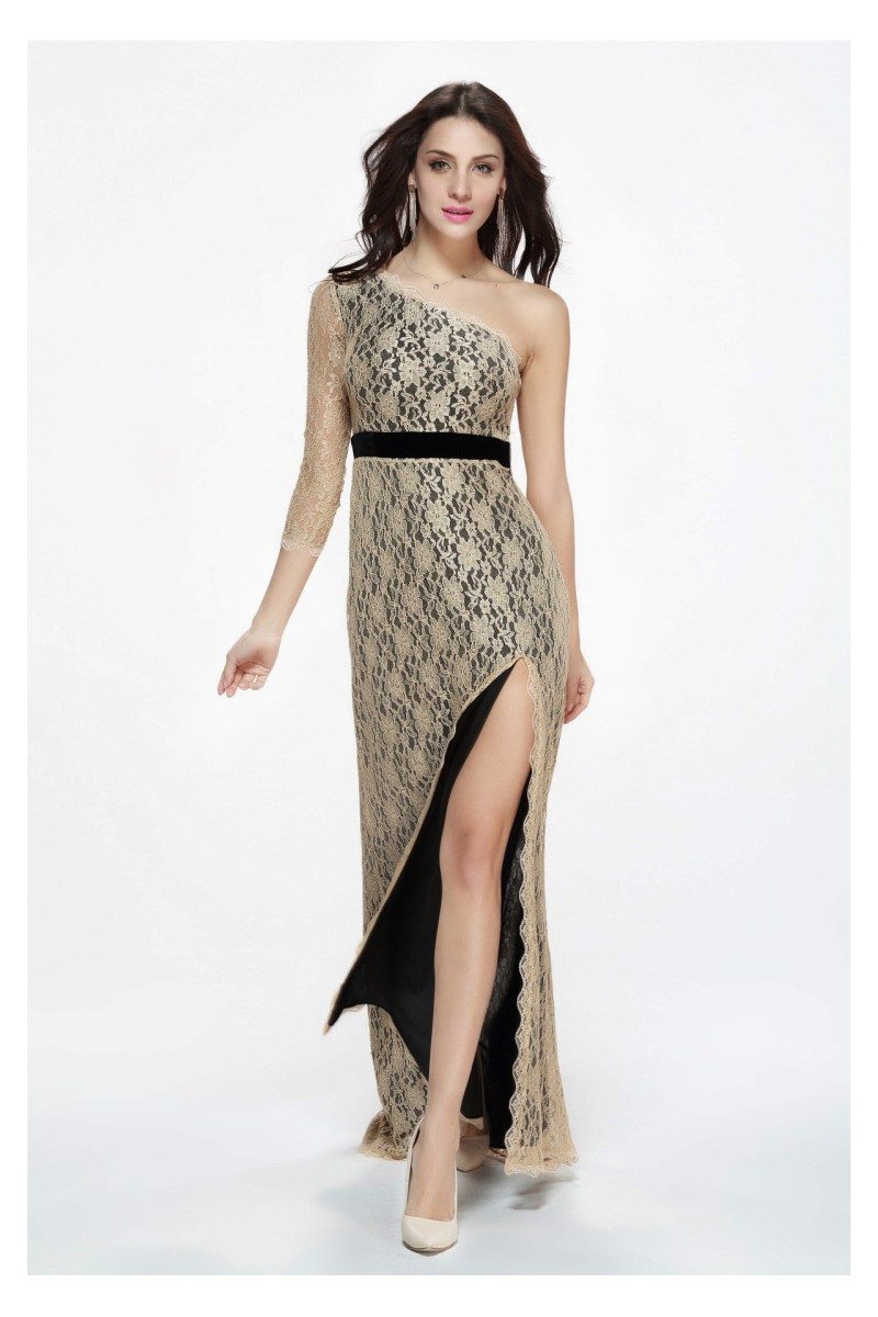 Lace One Shoulder Empire Waist Slit Formal Dress - $99 #CK337 - SheProm.com