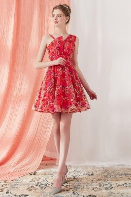 2018 Unique Embroidered Tulle Short Red Hommecoming Dress Flare - AMA86019