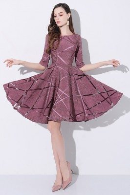 Special Purple Half Sleeved Short Party Dress with Striped Pattern - AMA86043