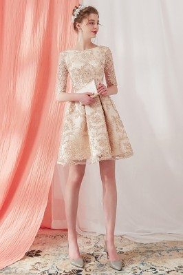 Elegant Champagne Lace Pleated Short Homecoming Dress Half Sleeved - AMA86024