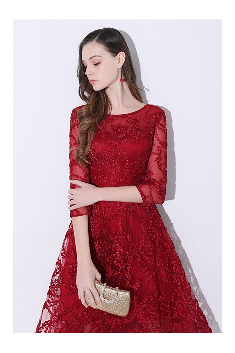 Trendy Burgundy Red Lace Homecoming Dress High Low with Sleeves - $71.5 ...