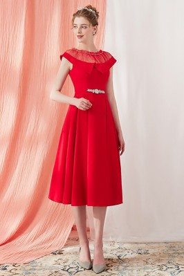 Unique Red Knee Length Party Dress with Illusion Neckline - AMA86028