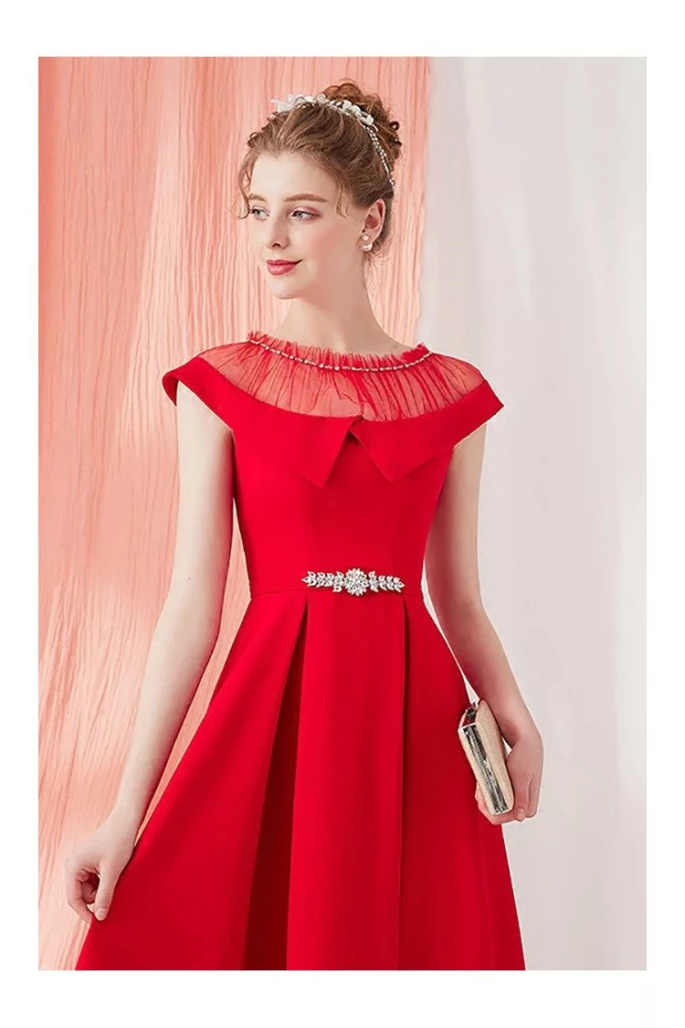 Unique Red Knee Length Party Dress with Illusion Neckline - $78.1 # ...