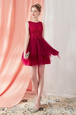 Burgundy Short Tulle Homecoming Prom Dress Sleeveless with Lace - AMA86021