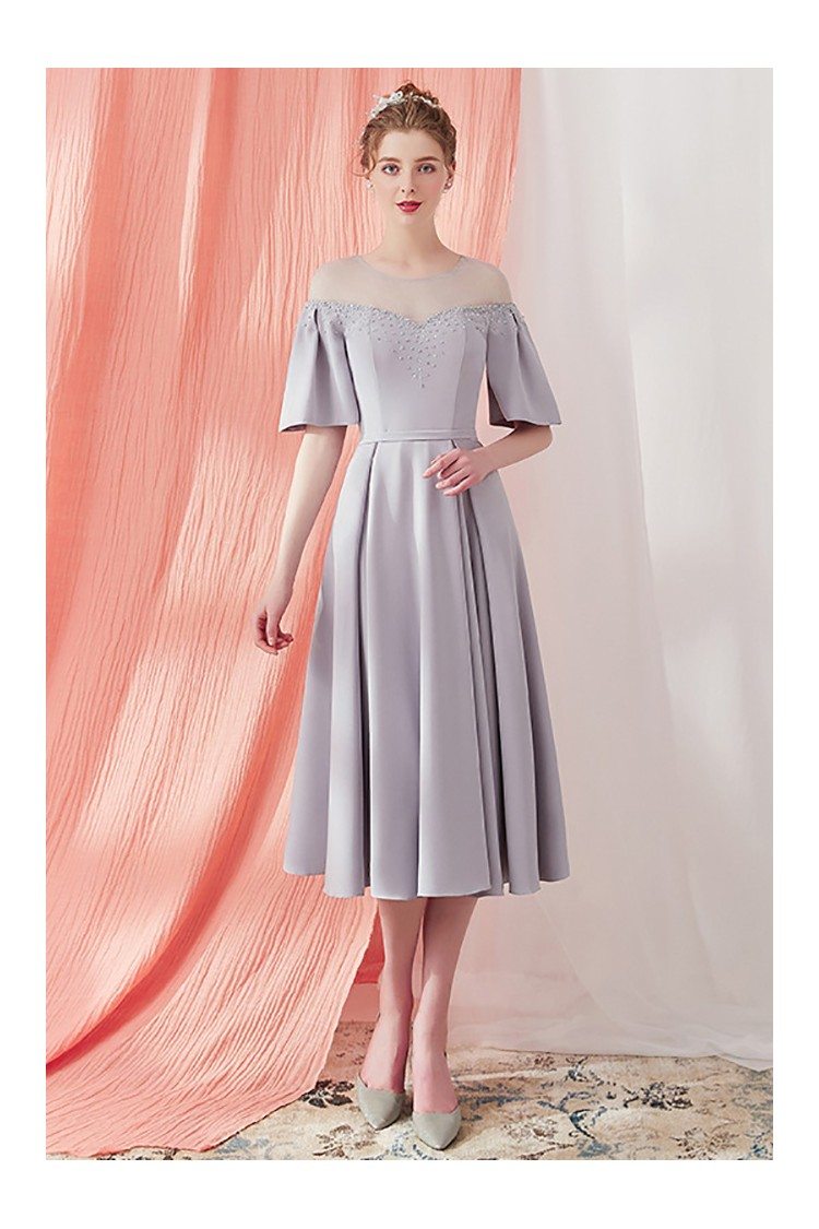 Vintage Grey Knee Length Party Dress with Sleeves Sheer Neckline - $69. ...