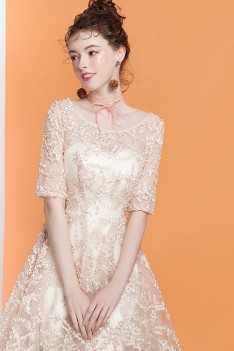 Popular Champagne Lace Homecoming Dress High Low with Short Sleeves - AMA86029