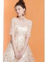Popular Champagne Lace Homecoming Dress High Low with Short Sleeves - AMA86029