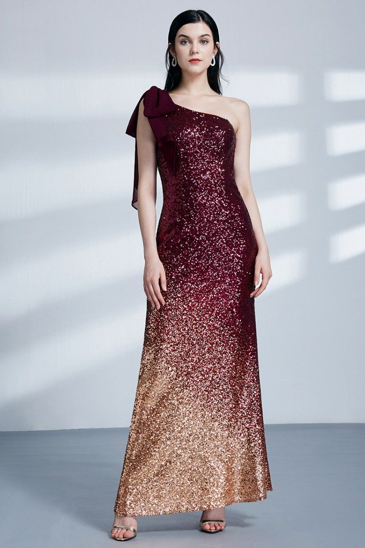 Burgundy And Gold Sparkly Sequined Long Formal Dress With Single Bow Shoulder 86 EP07336BD