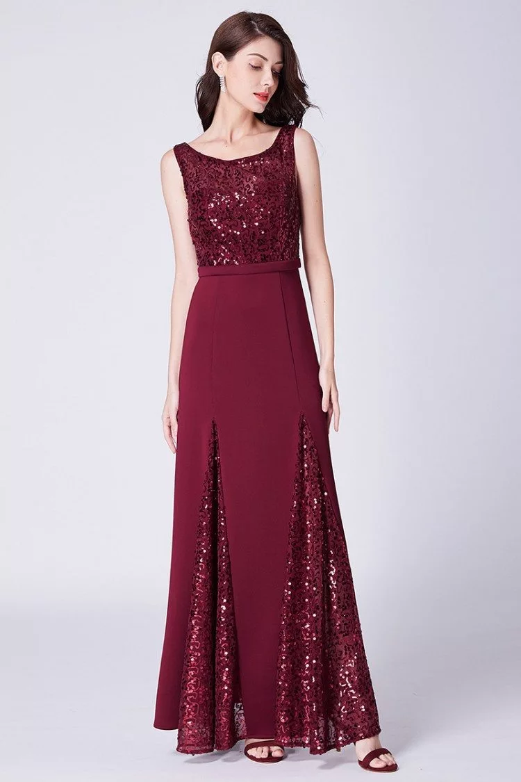 Sparkly Sequined Burgundy Long Fitted Formal Prom Dress 69 