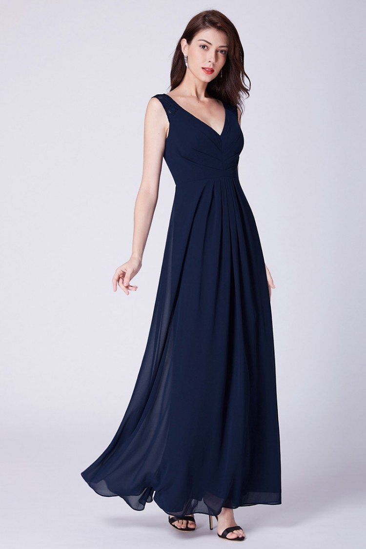 Simple Navy Blue Long Pleated Bridesmaid Dress With Lace - $64 # ...