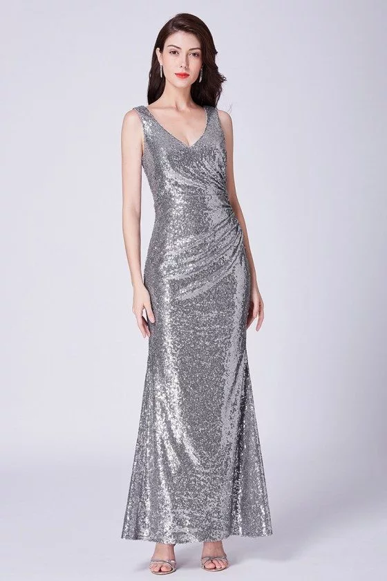 Silver Long Sparkly Sequin Formal Dress For Wedding guest Party 71 EP07405SV SheProm