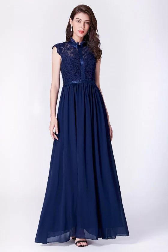 Modest Cap Sleeve Navy Blue Chiffon Long Evening Dress With Lace Top ...