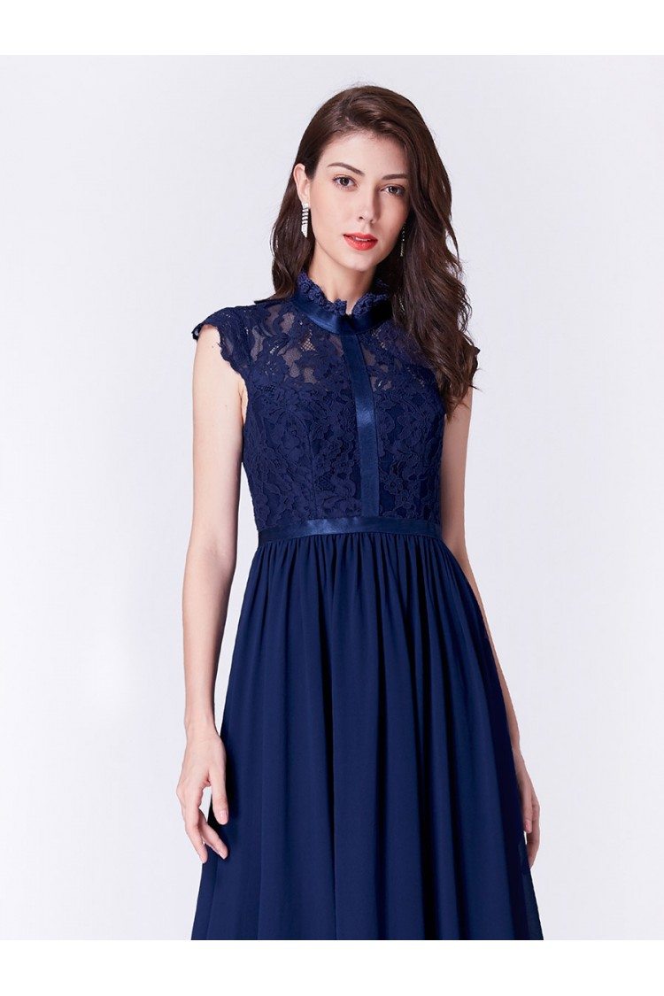 Modest Cap Sleeve Navy Blue Chiffon Long Evening Dress With Lace Top