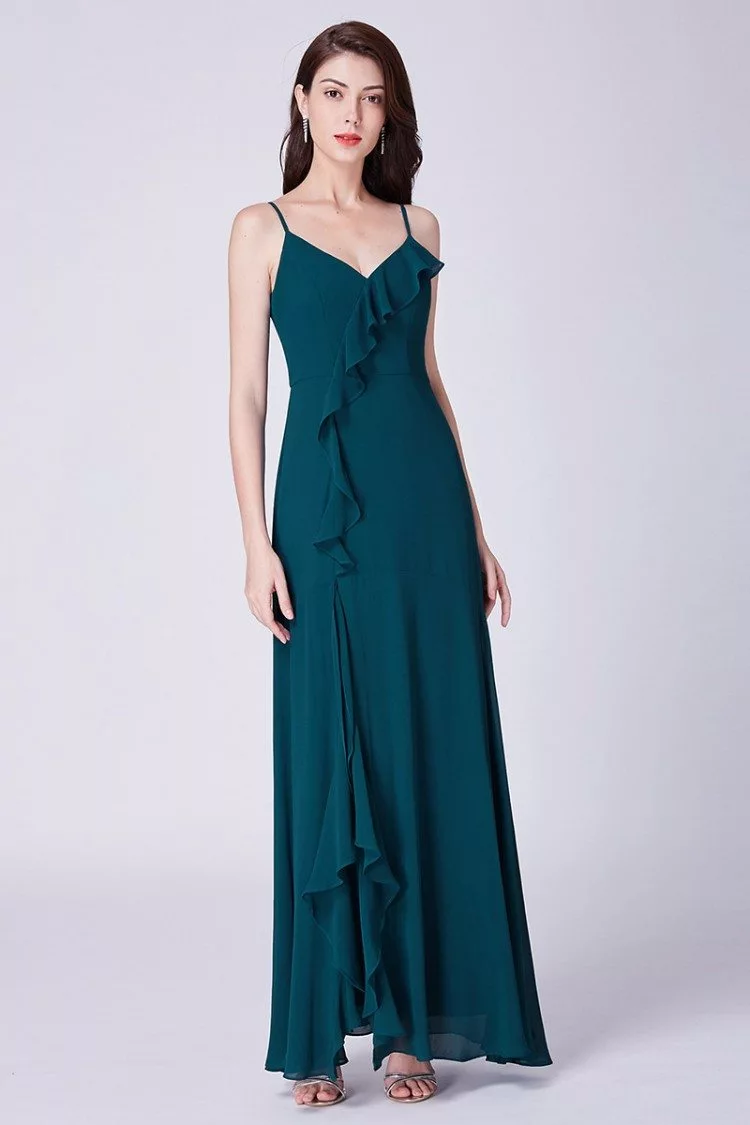 Long Fashion Dark Green Ruffled Evening Dress With Split Front - $57 # ...
