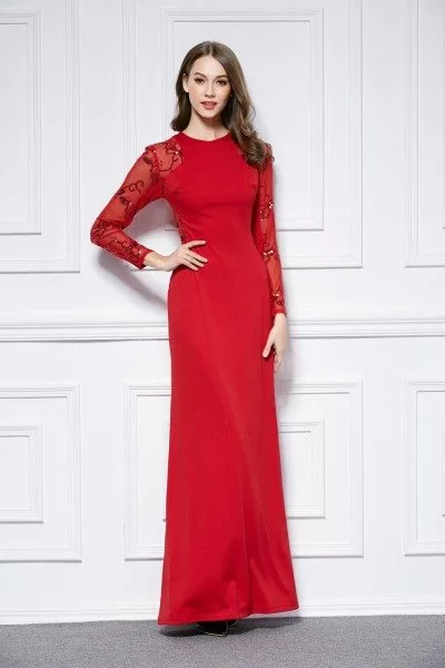 Sequin Embroidery Sheer Long Sleeve Long Formal Dress