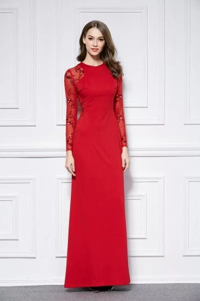 Sequin Embroidery Sheer Long Sleeve Long Formal Dress - $92 #CK440 ...