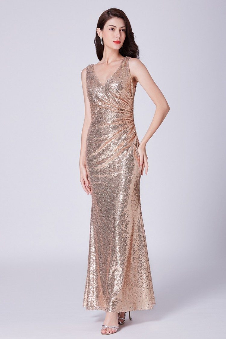 Sparkly Gold Sequin Long Pleated Formal Dress For Wedding Guests - $71 ...