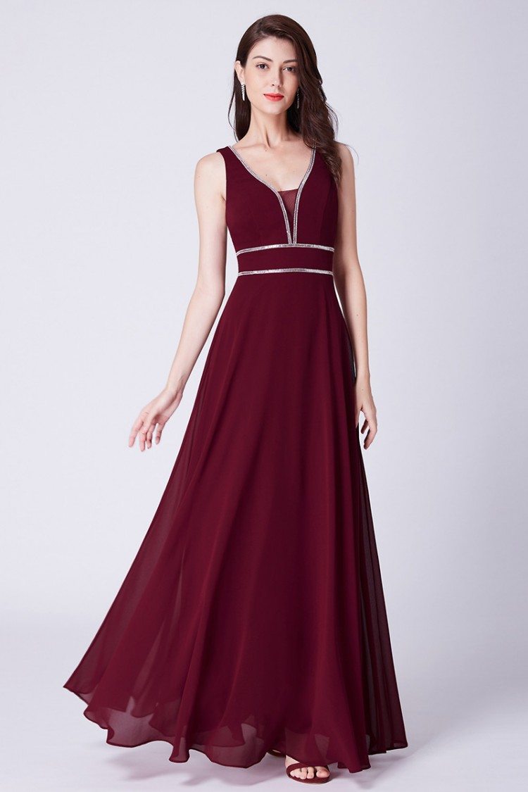 Burgundy Long Elegant Chiffon Evening Dress With Beading Neck - $69 # ...