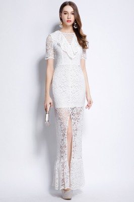 White Lace Slit Long Dress With Sleeves