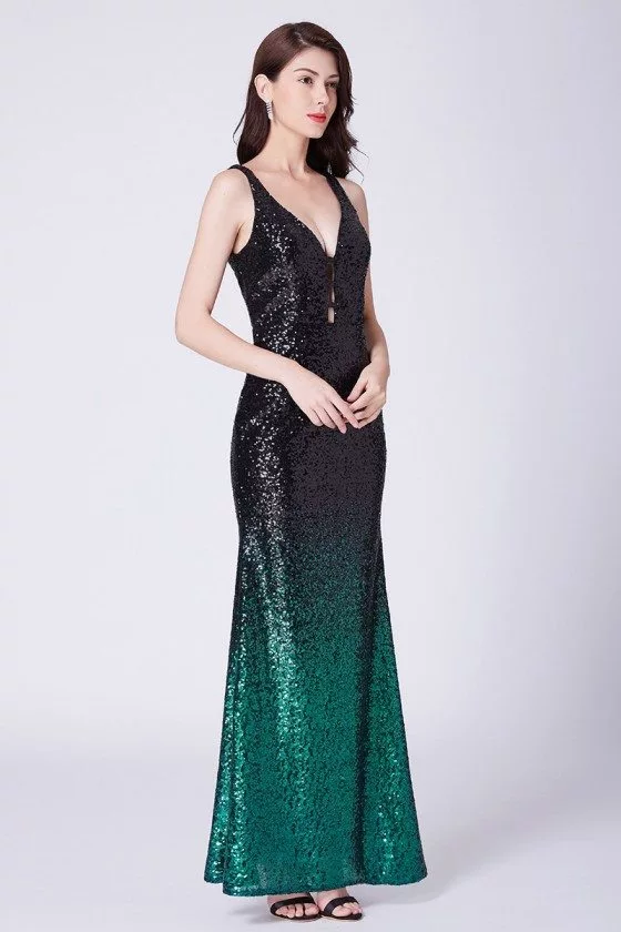 Black And Green Sparkly Sequin Long Formal Party Dress With Deep V Neck ...