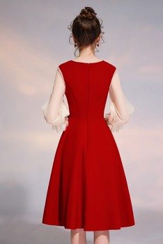 Pleated Vneck Red Party Dress Knee Length With Bubble Sleeves - HTX97044