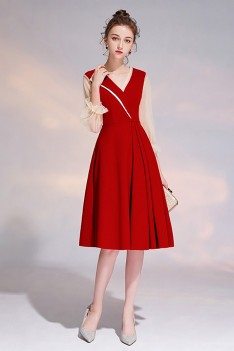 Pleated Vneck Red Party Dress Knee Length With Bubble Sleeves - HTX97044