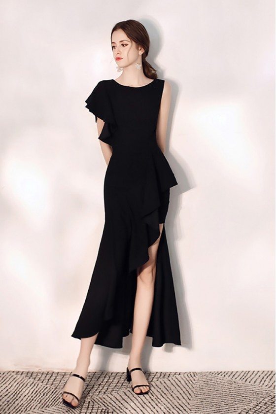 Mermaid Black Party Dress With Side Slit One Sleeve - $75.9816 