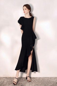 Mermaid Black Party Dress With Side Slit One Sleeve - HTX97071