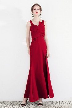 Formal Long Red Party Dress With Side Slit Straps - HTX97025