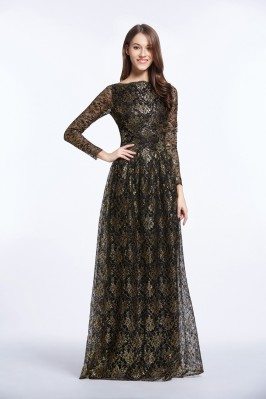 Vintage Black And Gold Long Sleeve Formal Gown