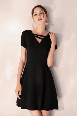 Little Black Flare Party Dress Aline With Short Sleeves - HTX97061