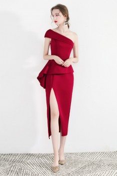 Sexy Red One Shoulder Formal Party Dress With Side Slit - HTX97021