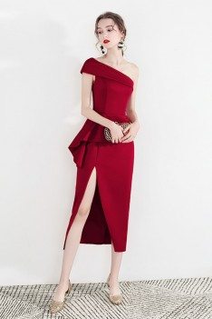 Sexy Red One Shoulder Formal Party Dress With Side Slit - HTX97021