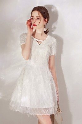 Cute White Lace Sequin Dress With Sleeves For Parties - HTX97041