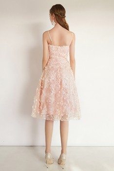 Nude Pink Beaded Lace Cute Party Dress With Spaghetti Straps - HTX97053