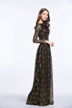 Vintage Black And Gold Long Sleeve Formal Gown - CK471