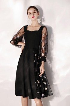 Black Slim Aline Party Dress With Stars Bubble Sleeves - HTX97074