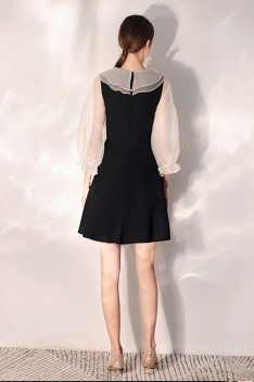 Little Black Short Party Dress With Cute Baby Collar Bubble Sleeves - HTX97047
