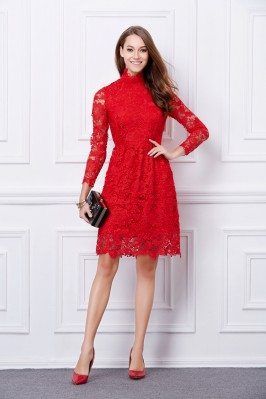 Red High-end Lace Long Sleeve Short Dress