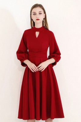 Elegant Burgundy Knee Length Party Dress With Bubble Sleeves - HTX97032