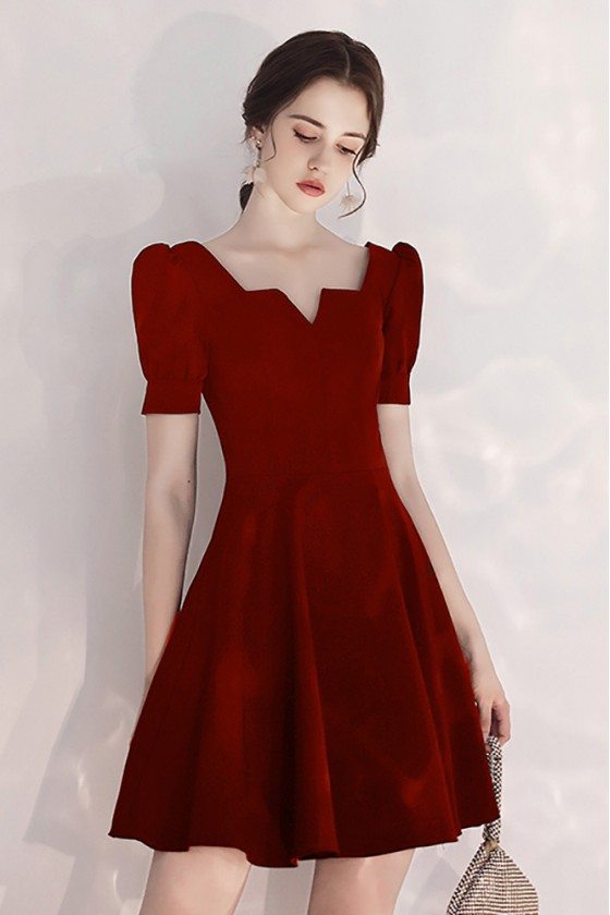 Burgundy Aline Party Dress Short With Bubble Sleeves - $62.9784 # ...