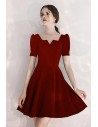Burgundy Aline Party Dress Short With Bubble Sleeves - HTX97089