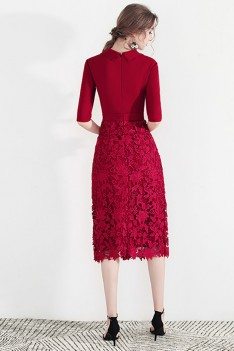 Chic Short Red Lace Formal Dress With Side Slit Suit Collar - HTX97030